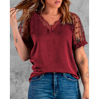 Dobby Mesh Short Sleeve Lace Trim V-Neck Top - Wine red