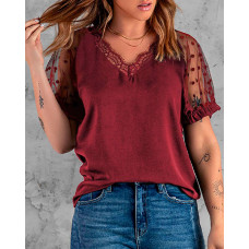 Dobby Mesh Short Sleeve Lace Trim V-Neck Top - Wine red