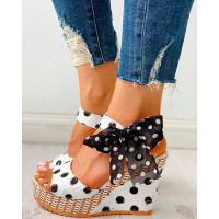 Dot Bowknot Design Platform Wedge Sandals - white