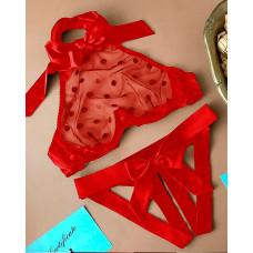 Dot Mesh Bowknot Cutout Crotchless Lingerie Set - red