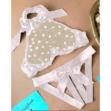 Dot Mesh Bowknot Cutout Crotchless Lingerie Set - white