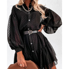 Dot Mesh Lantern Sleeve Button Front Casual Dress - black