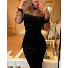 Dot Mesh Mock Neck Bodycon Dress - black