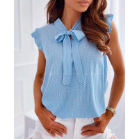 Dot Print Ruffles Sleeve Knotted Top - blue