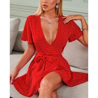 Dot Print Tied Detail Wrap Dress - red