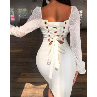 Dots Mesh Splicing Lace-Up Back Bodycon Dress - white