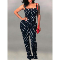 Dots Print Spaghetti Strap Flared Jumpsuit - red