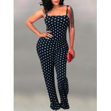 Dots Print Spaghetti Strap Flared Jumpsuit - red