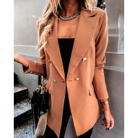 Double Breasted Long Sleeve Blazer Coat - khaki