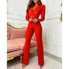 Double Breasted Long Sleeve Blazer Jumpsuit - red