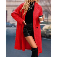 Double Breasted Long Sleeve Fuzzy Overcoat - red