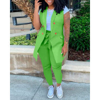 Double Breasted Vest Blazer Coat & Pants Set - green