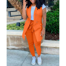 Double Breasted Vest Blazer Coat & Pants Set - orange