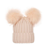 Double Pom Pom Decor Knit Cuffed Beanie For Adult - beige