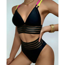 Double Strap Colorblock Sheer Mesh Bikini Set - black