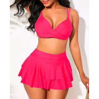 Double Strap Crisscross Layered Ruffles Bikini Set - hot pink