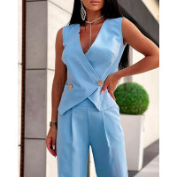 Doubled Breasted V-Neck Blazer Top & Pants Set - blue