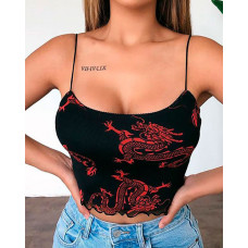 Dragon Print Lettuce Trim Casual Cami Top - black