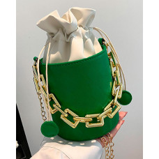 Drawstring Chain Strap Bucket Bag - green