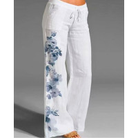 Drawstring Floral Print Pocket Decor Flared Pants - white