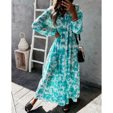 Drawstring Graphic Print Frill Hem Maxi Dress - green