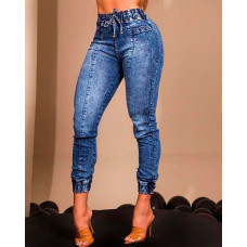 Drawstring High Waist Cuffed Jeans - blue