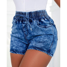 Drawstring High Waist Denim Shorts - blue