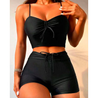 Drawstring High Waist Tankini Set - black