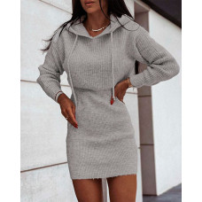 Drawstring Hooded Chunky Knit Sweater Dress - gray