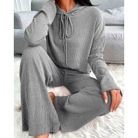 Drawstring Hooded Top & Pants Set - gray