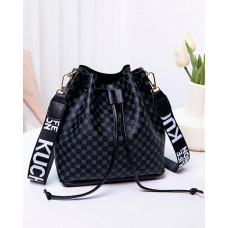 Drawstring Letter Band Bucket Bag - black