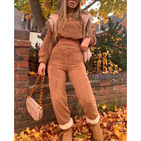 Drawstring Long Sleeve Fleece Sweatshirt & Pants Set - brown