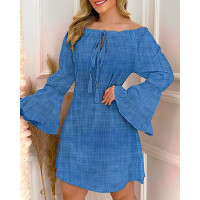 Drawstring Off Shoulder Ruffles Casual Dress - blue