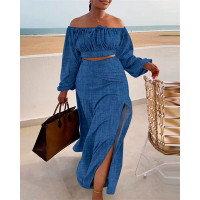 Drawstring Off Shoulder Top & Slit Skirt Set - blue