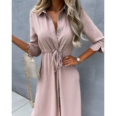 Drawstring Pocket Design Button Front Shirt Dress - light pink