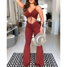 Drawstring Ruched Crop Top & Bootcut Pants Set - brown