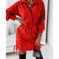 Drawstring Ruched Drop Shoulder Button Front Shirt Dress - red