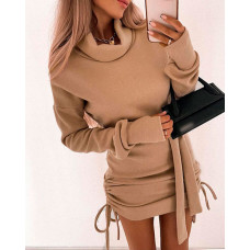 Drawstring Ruched High Neck Sweatshirt Dress - coffee