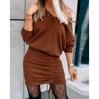 Drawstring Ruched Long Sleeve Casual Dress - coffee