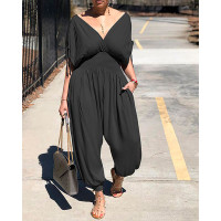 Drawstring Ruched Shirring Waist Jumpsuit - black