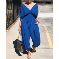 Drawstring Ruched Shirring Waist Jumpsuit - blue