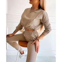 Drawstring Ruched Sweater & Shirred Pants Sets - Apricot