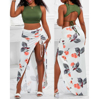 Drawstring Ruched Top & Floral Print High Slit Skirt Set - white