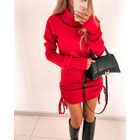 Drawstring Ruched Turtleneck Long Sleeve Dress - red