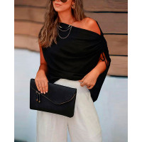 Drawstring Skew Neck Batwing Sleeve Top - black