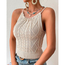 Drawstring Spaghetti Strap Backless Cable Textured Tank - Apricot