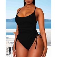 Drawstring U-Neck Sleeveless One Piece Swimsuit - black