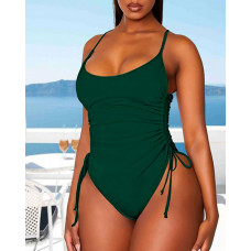 Drawstring U-Neck Sleeveless One Piece Swimsuit - green