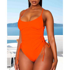 Drawstring U-Neck Sleeveless One Piece Swimsuit - orange