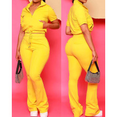 Drawstring Zipper Design Top & Pants Set - yellow